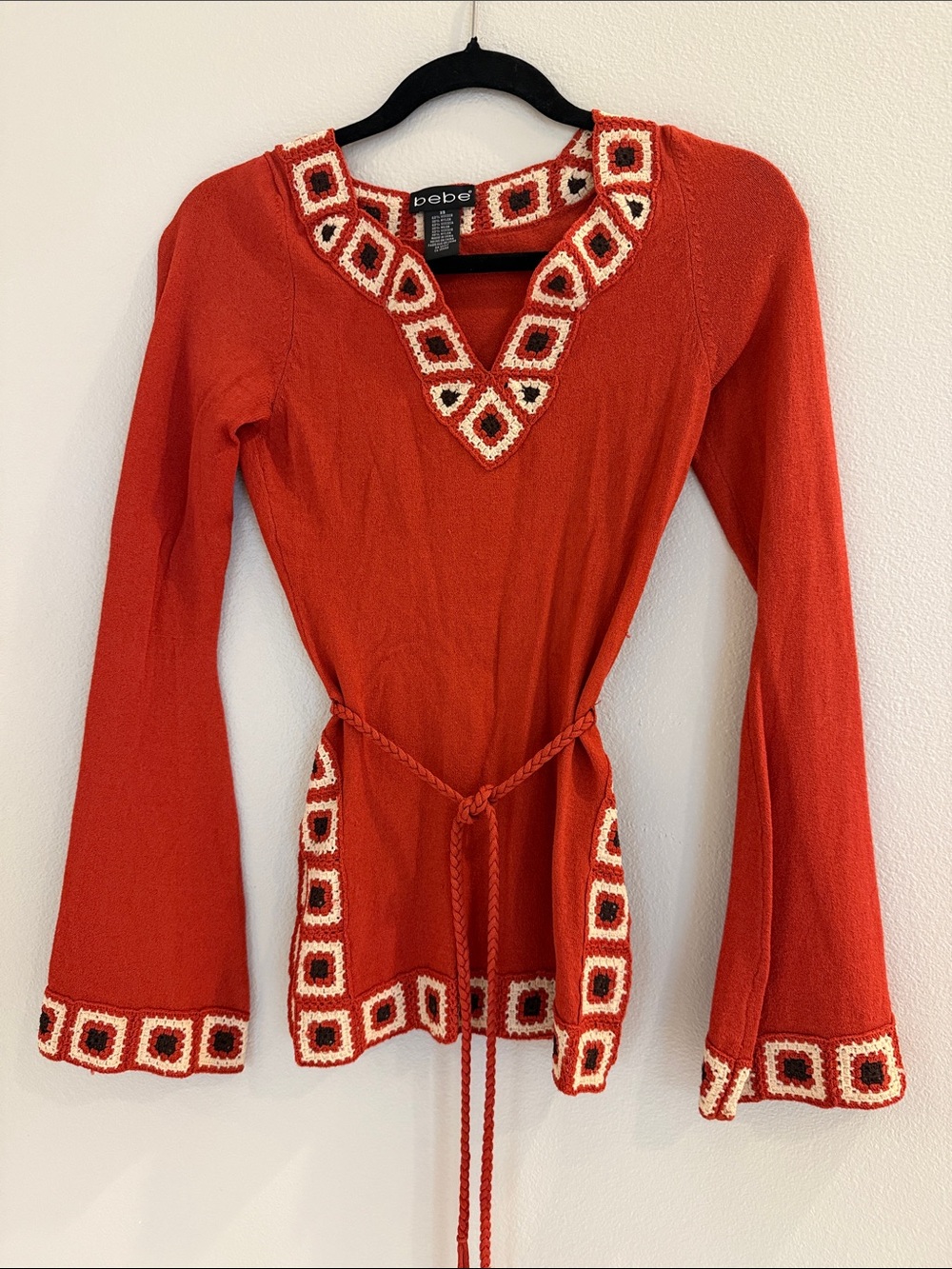 bebe Orange-Red Crochet Trim Long Sleeve Tunic